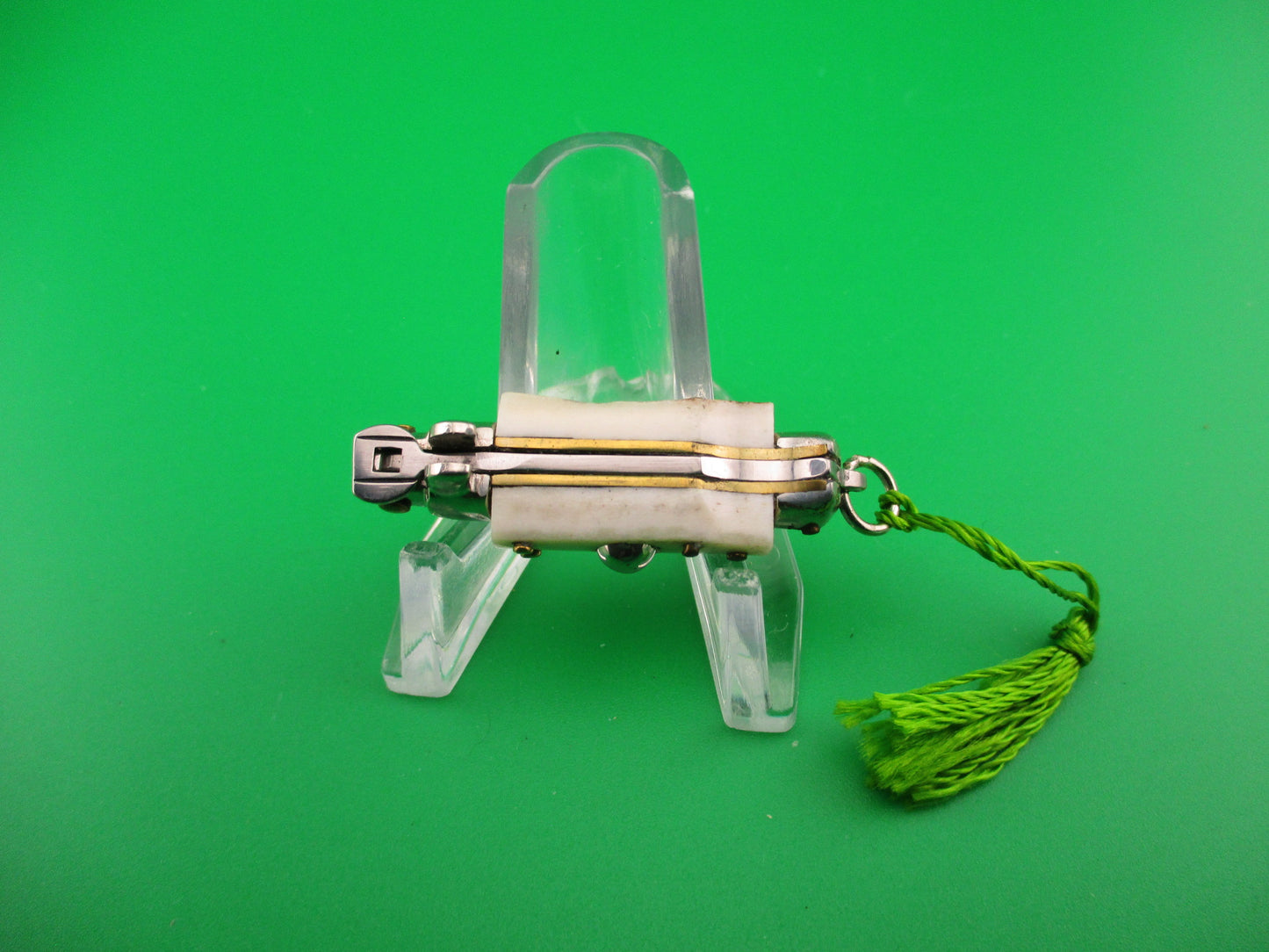 INOX 7cm Italian Mini Picklock Stag 4 pin vintage automatic knife w Green tassel