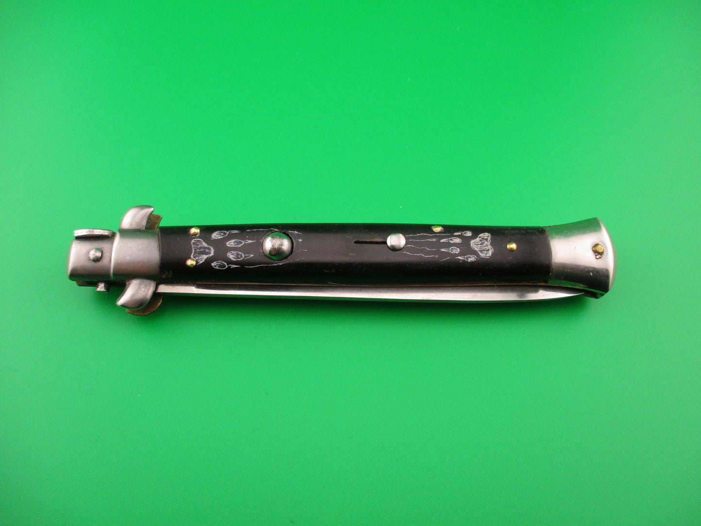 INOX FP ROSTFREI 28cm Italian Stiletto Black Scrimshaw Wolf Moon automatic knife