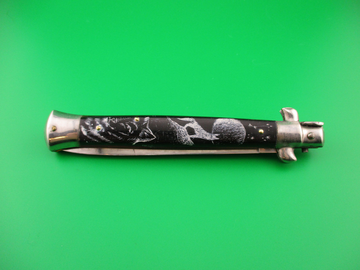 INOX FP ROSTFREI 28cm Italian Stiletto Black Scrimshaw Wolf Moon automatic knife