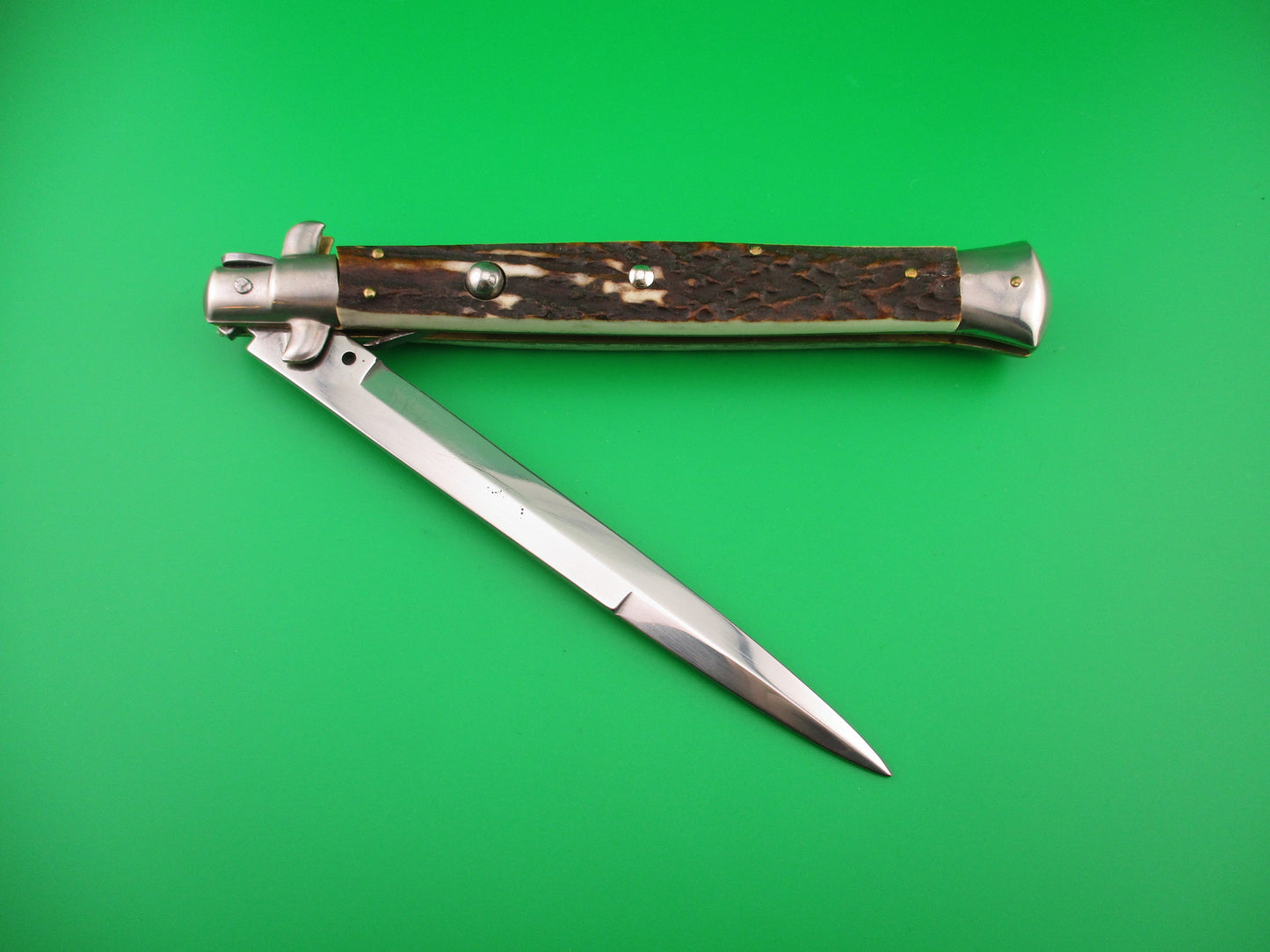MANIAGO ITALY 33cm Quality Italian Stiletto Stag swivel nickel silver bolsters automatic knife