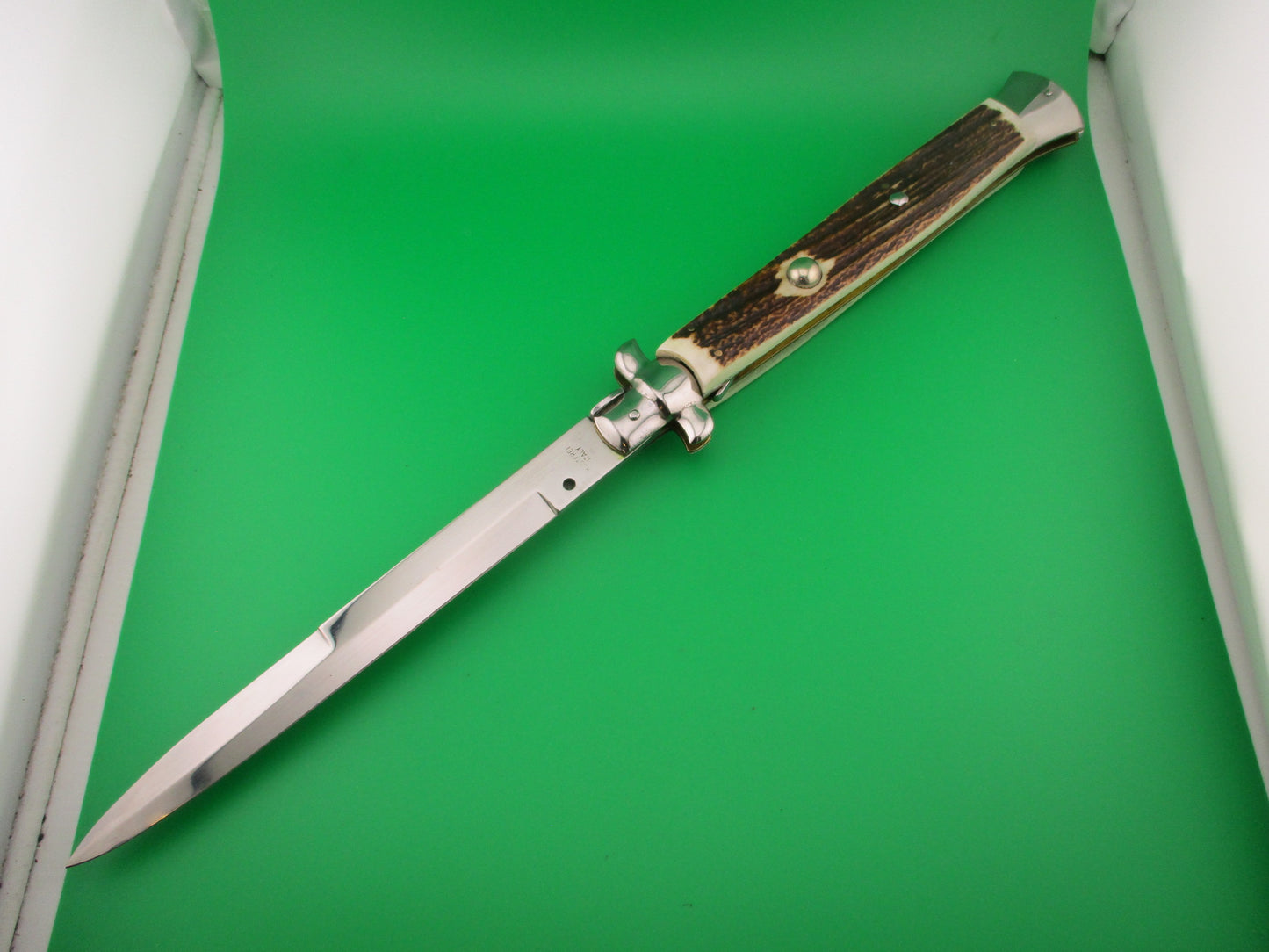 ROSTFREI ITALY 45cm Italian Stiletto Swivel bolster Stag 18 inch automatic knife