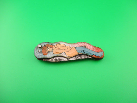 Russian Prison Knife Naked woman pinup switchblade nude Red hair blue stockings