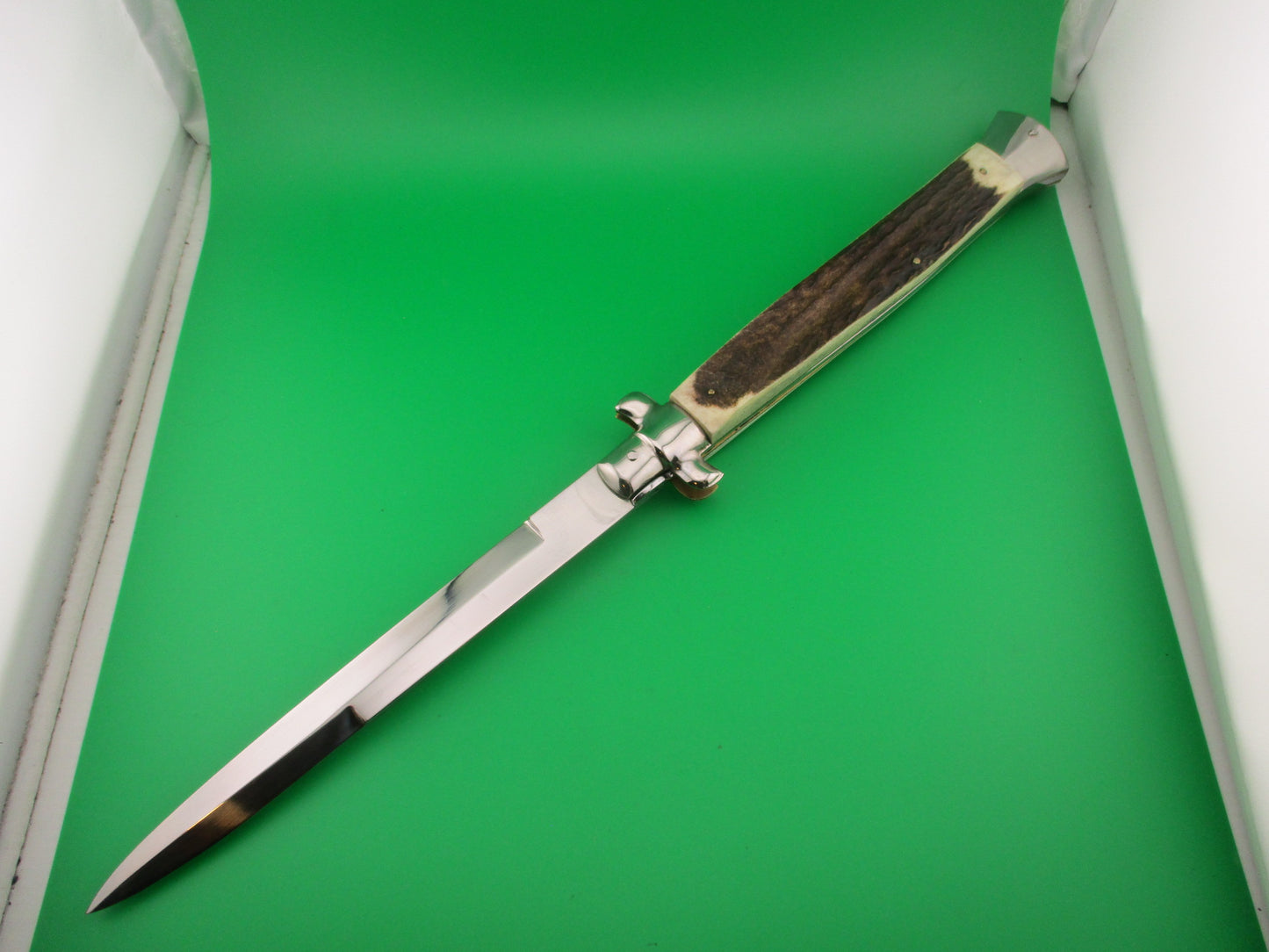 ROSTFREI ITALY 45cm Italian Stiletto Swivel bolster Stag 18 inch automatic knife