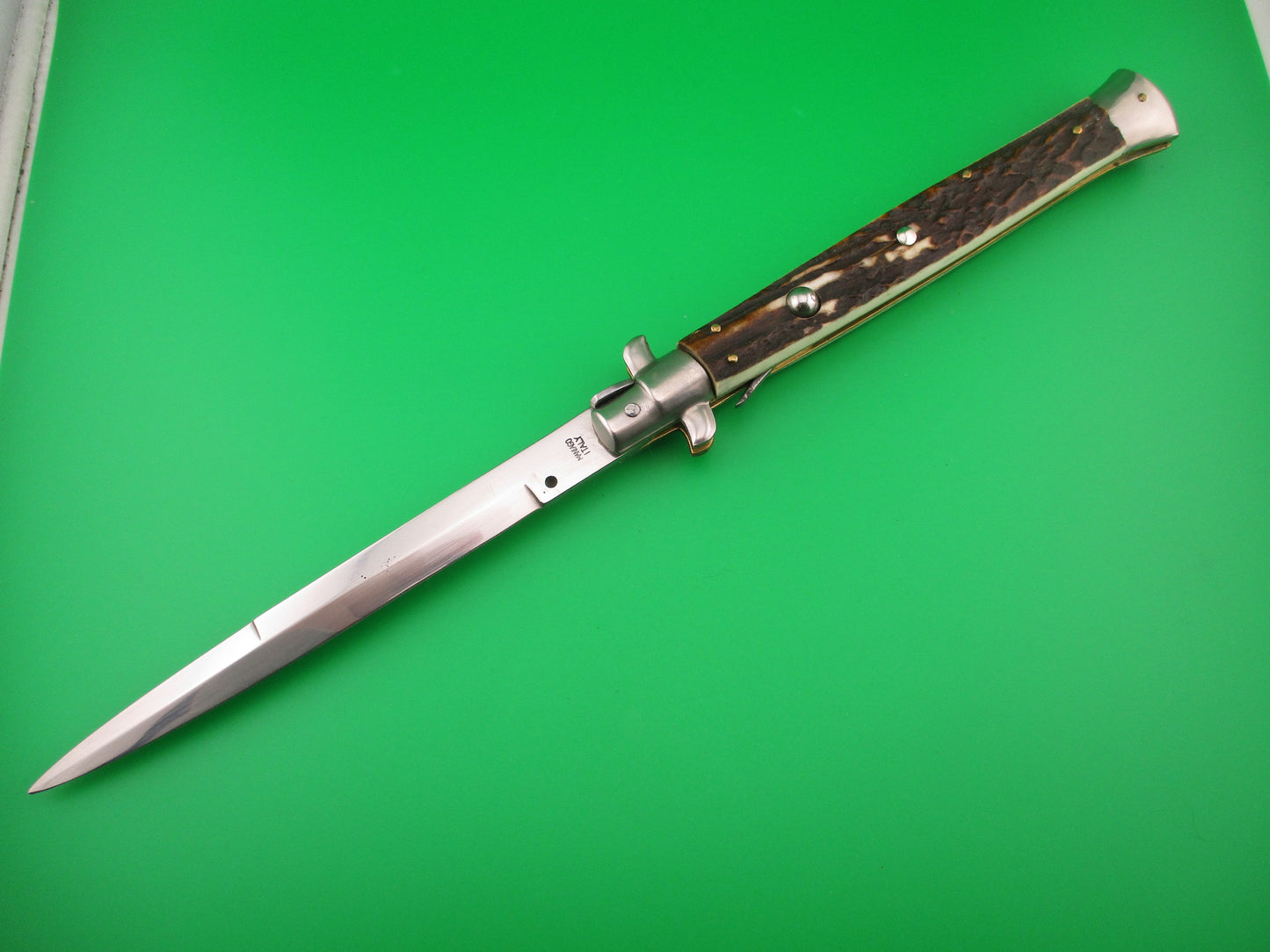 MANIAGO ITALY 33cm Quality Italian Stiletto Stag swivel nickel silver bolsters automatic knife