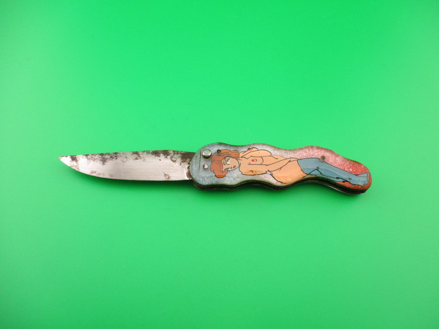Russian Prison Knife Naked woman pinup switchblade nude Red hair blue stockings