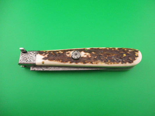 Custom 28cm Hand Made Damascus & Stag Picklock automatic knife