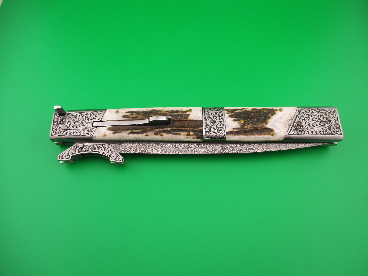 Custom 39cm Stag Damascus Prioletta Inspired Swing guard automatic knife