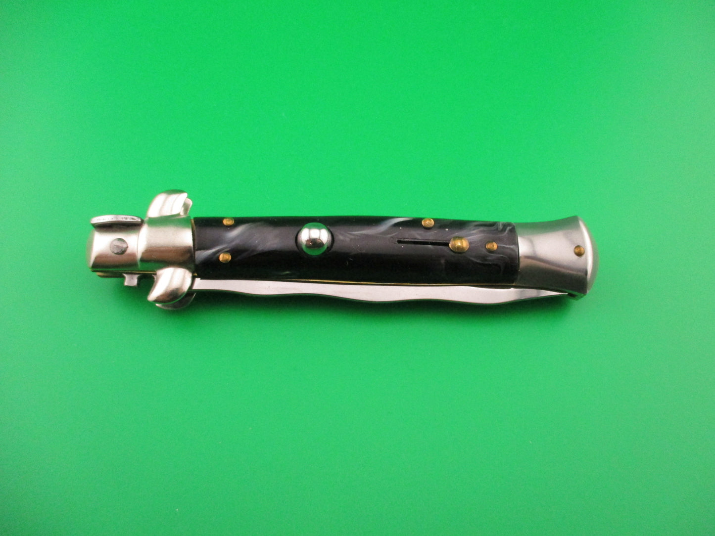 ITALY STAINLESS 23cm Italian Kris Swivel bolster Black swirl automatic knife