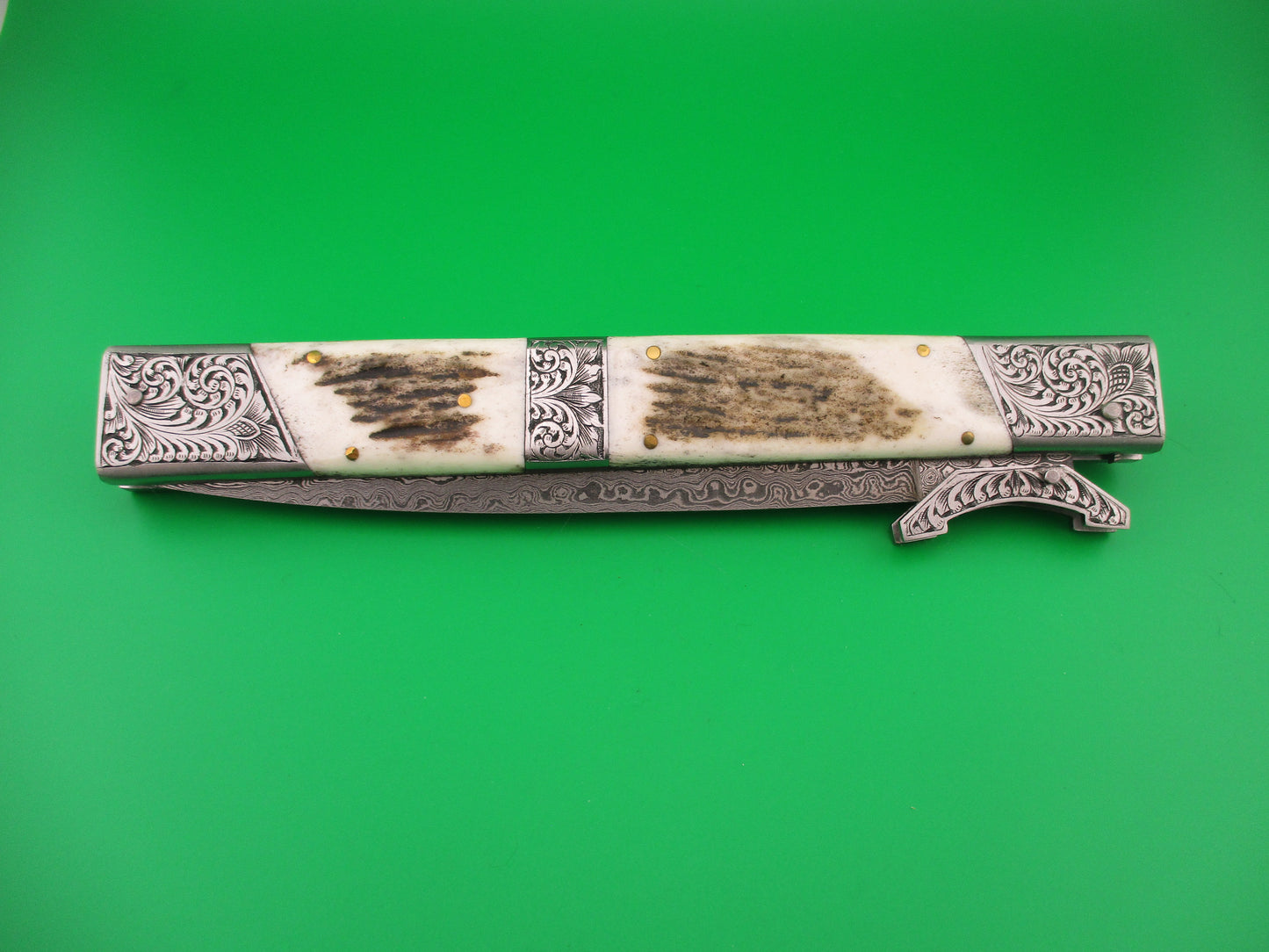 Custom 39cm Stag Damascus Prioletta Inspired Swing guard automatic knife