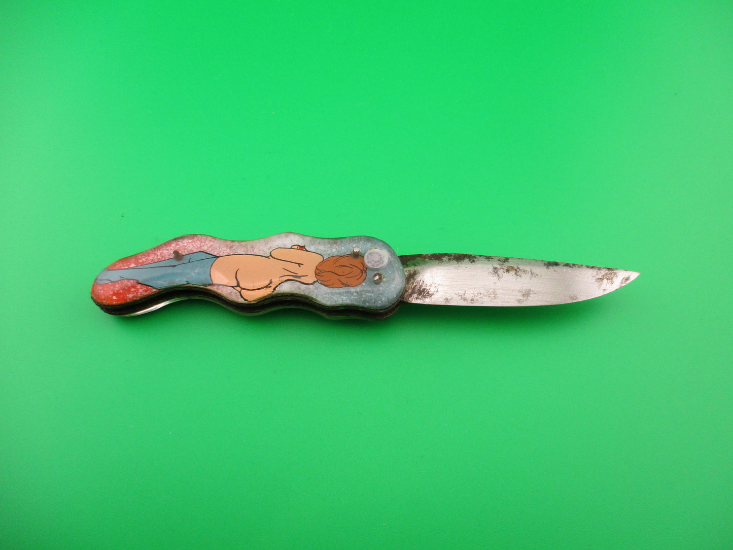 Russian Prison Knife Naked woman pinup switchblade nude Red hair blue stockings