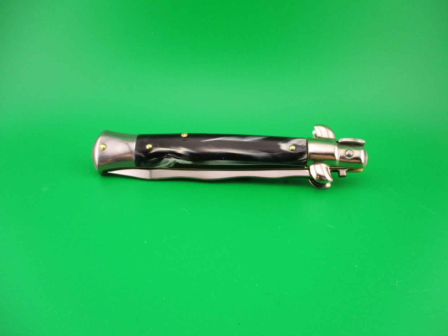 ITALY STAINLESS 23cm Italian Kris Swivel bolster Black swirl automatic knife