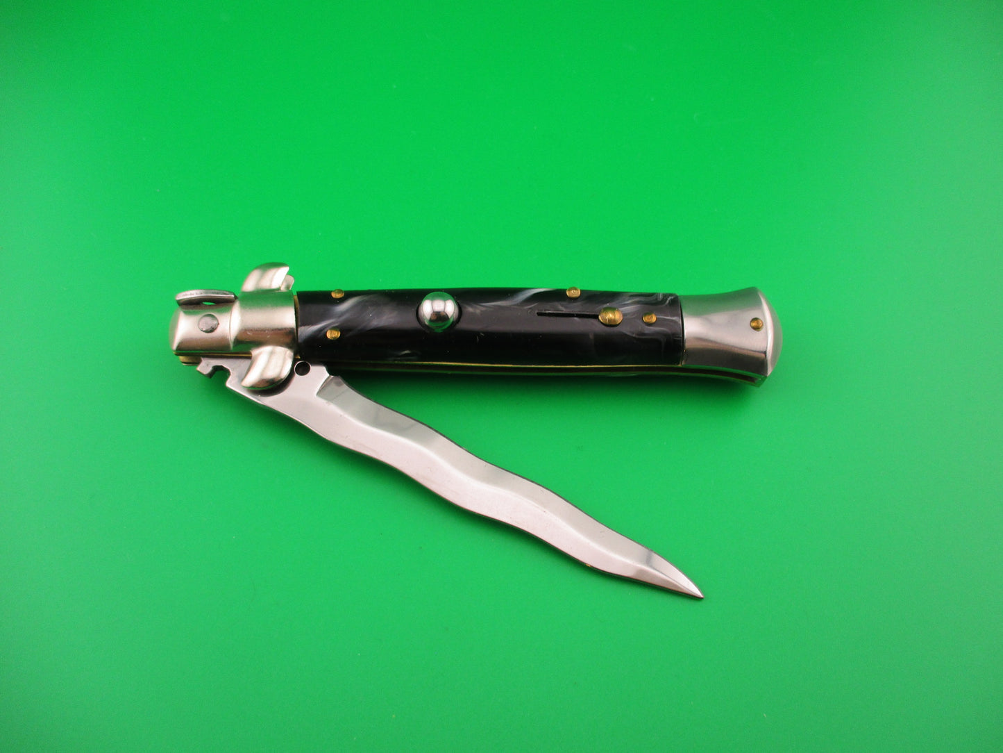 ITALY STAINLESS 23cm Italian Kris Swivel bolster Black swirl automatic knife