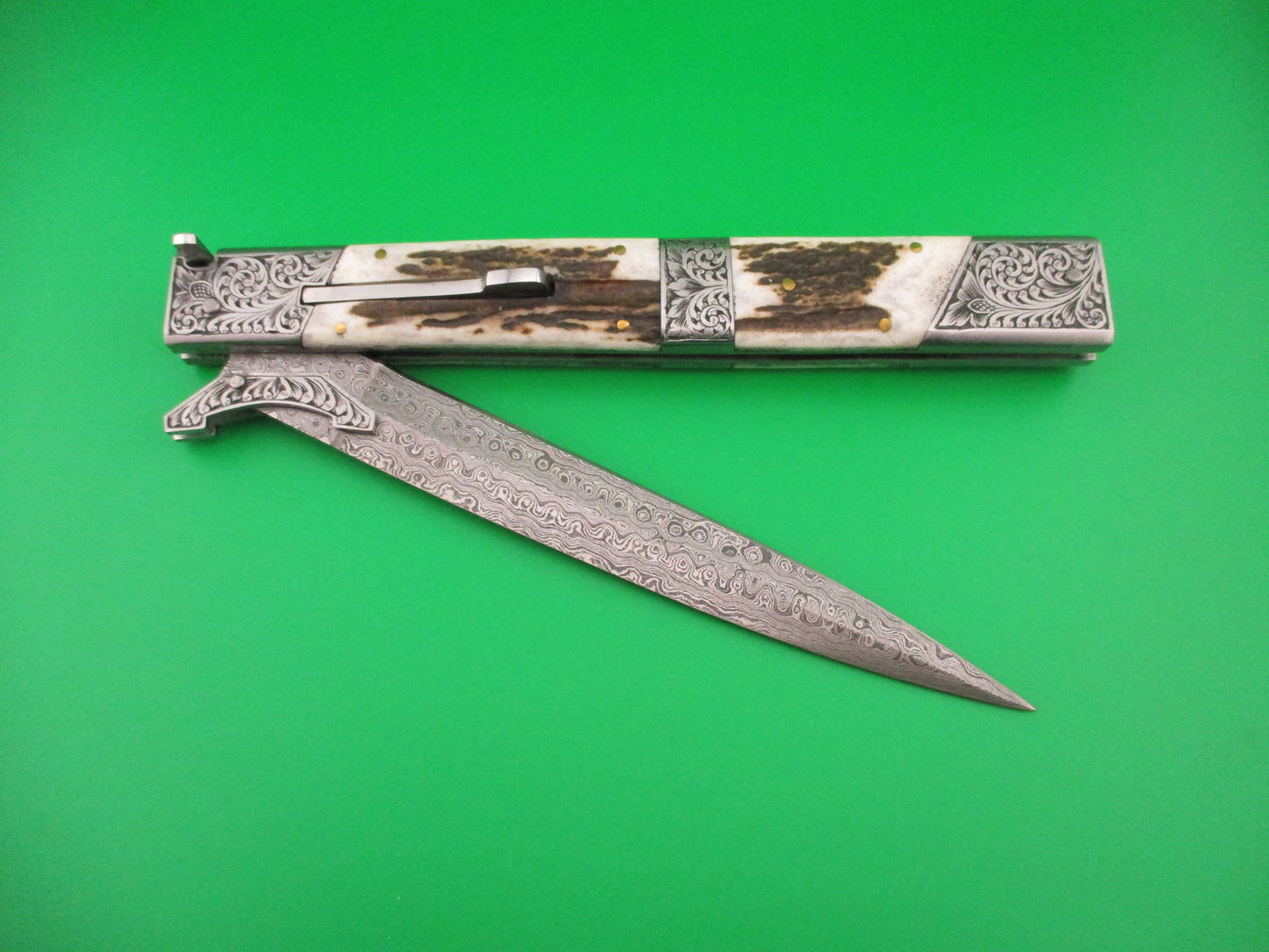 Custom 39cm Stag Damascus Prioletta Inspired Swing guard automatic knife
