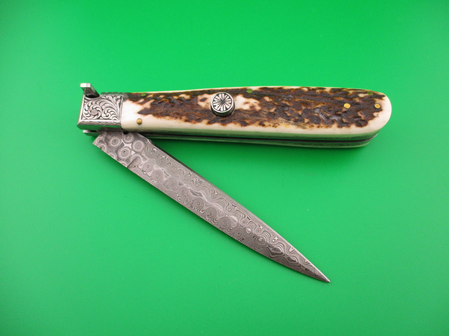 Custom 28cm Hand Made Damascus & Stag Picklock automatic knife