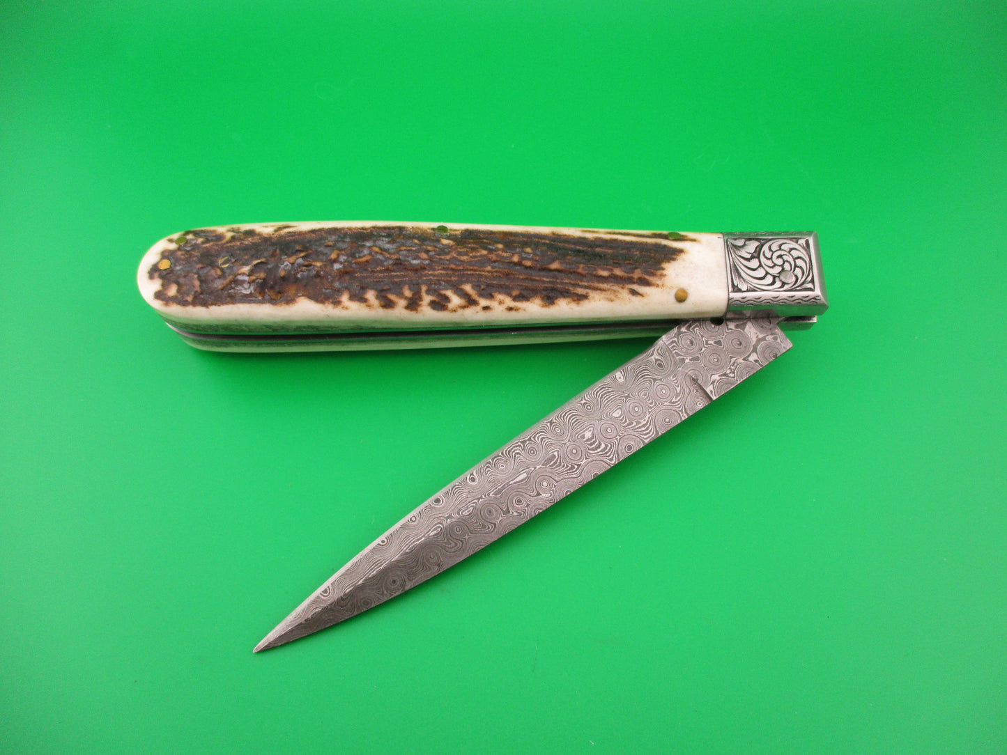 Custom 28cm Hand Made Damascus & Stag Picklock automatic knife
