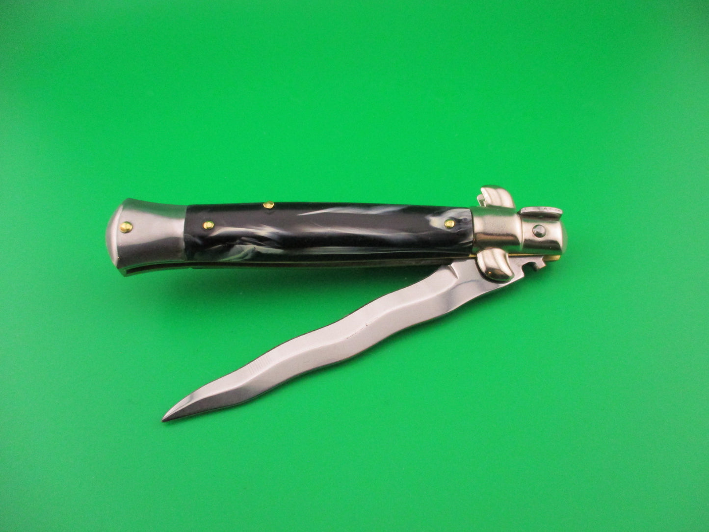 ITALY STAINLESS 23cm Italian Kris Swivel bolster Black swirl automatic knife