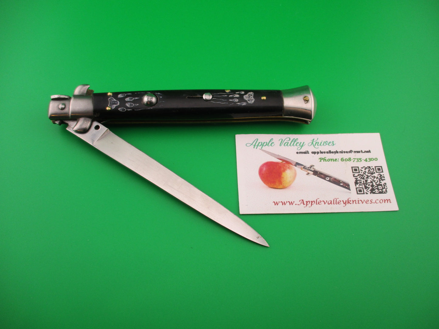 INOX FP ROSTFREI 28cm Italian Stiletto Black Scrimshaw Wolf Moon automatic knife