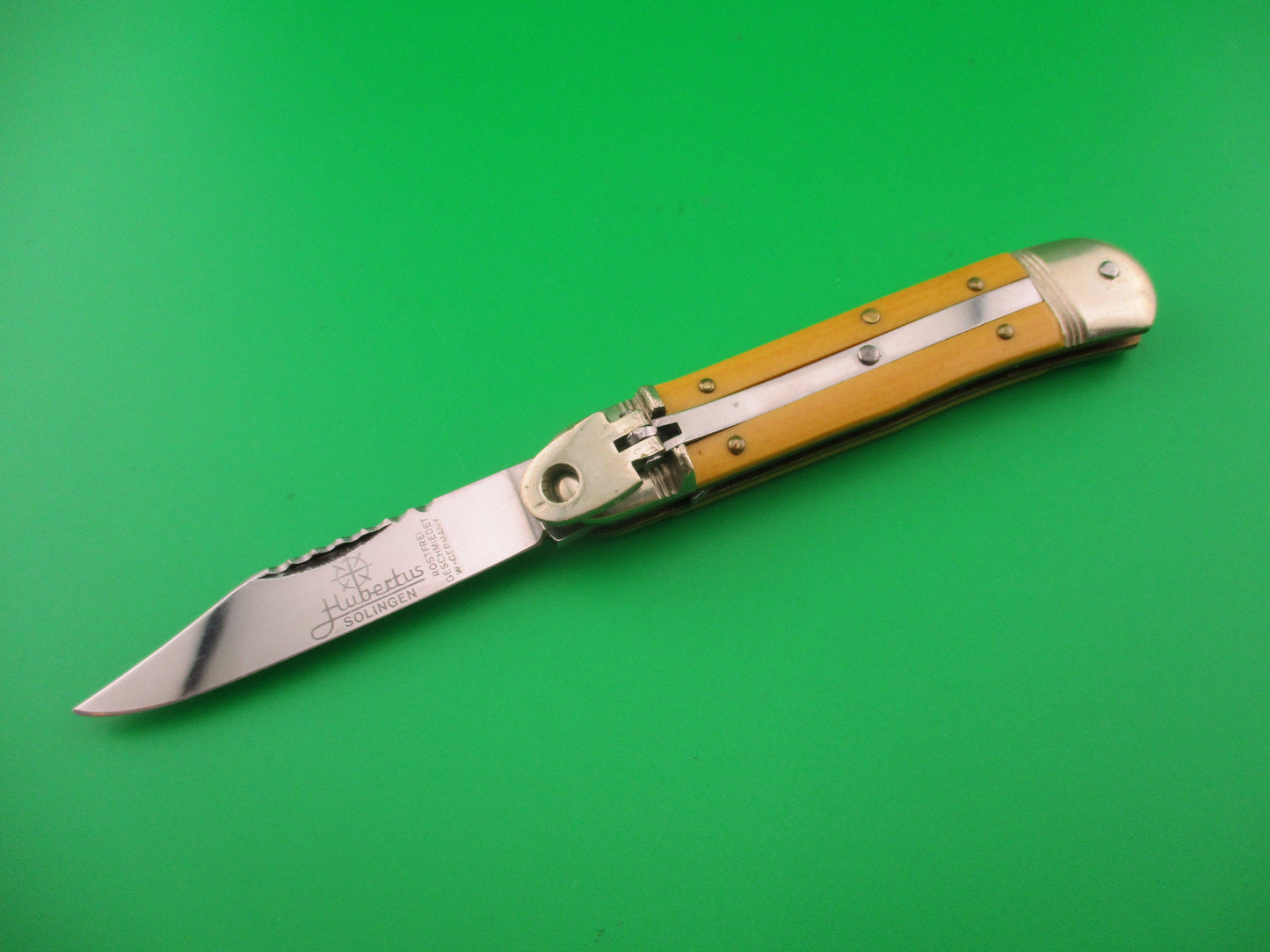 Hubertus 8cm West German Liliput Lever Yellow Micarta File work automatic knife