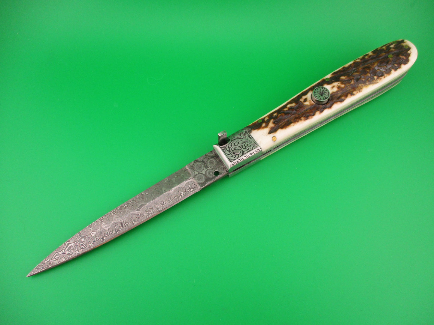 Custom 28cm Hand Made Damascus & Stag Picklock automatic knife