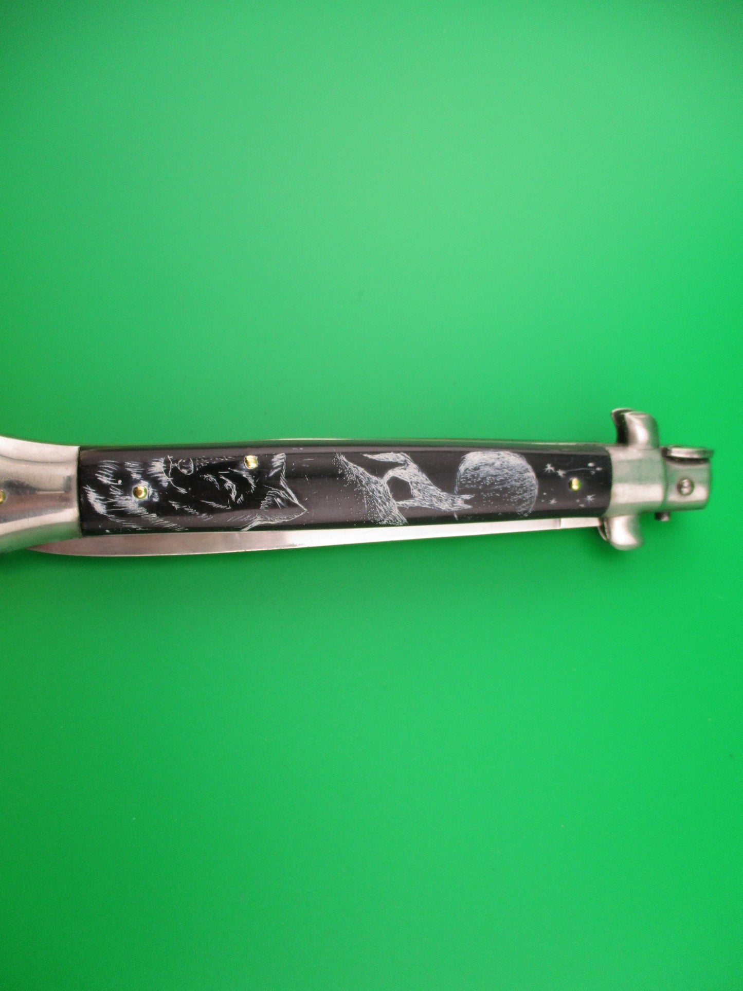 INOX FP ROSTFREI 28cm Italian Stiletto Black Scrimshaw Wolf Moon automatic knife