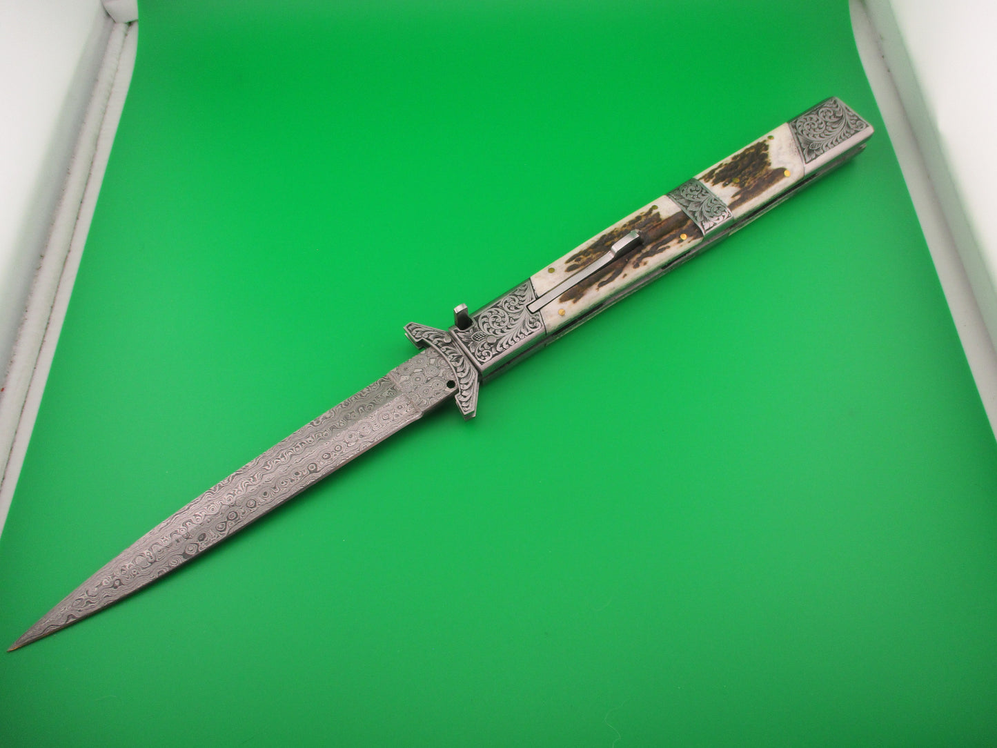 Custom 39cm Stag Damascus Prioletta Inspired Swing guard automatic knife