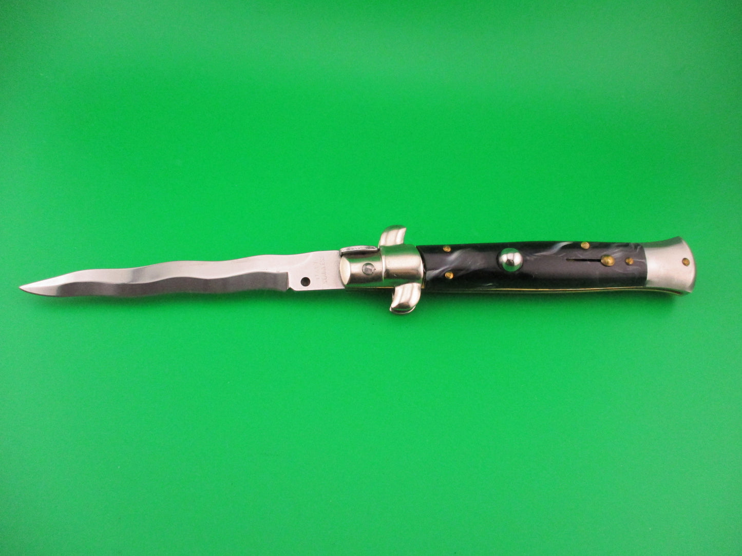 ITALY STAINLESS 23cm Italian Kris Swivel bolster Black swirl automatic knife