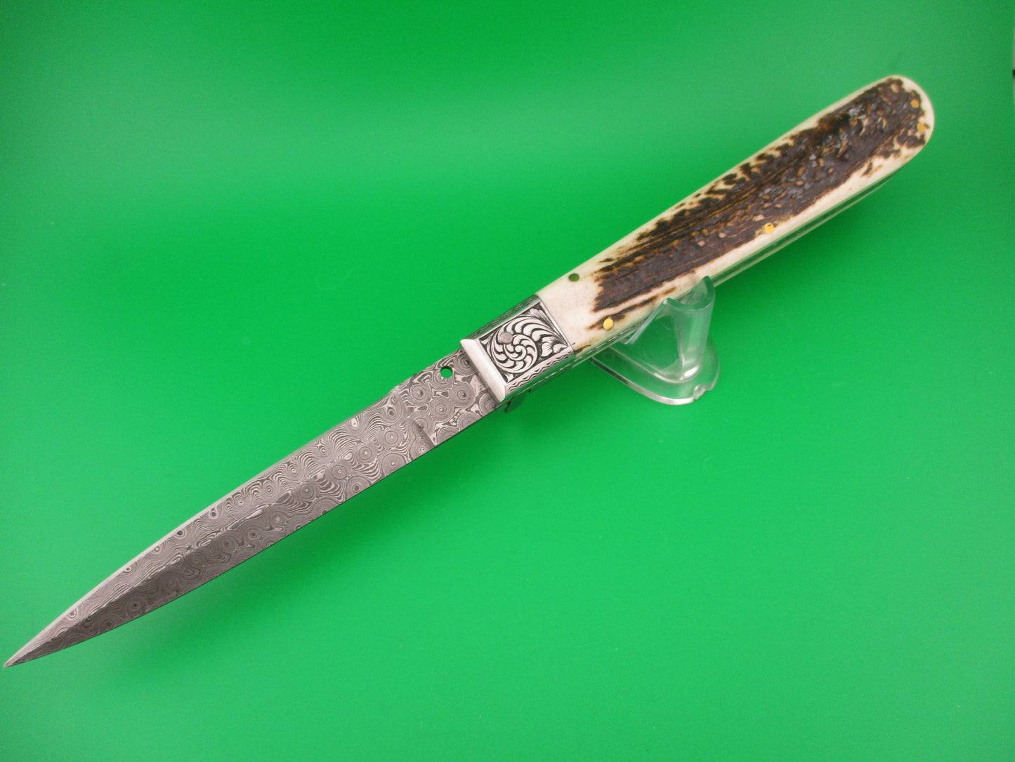 Custom 28cm Hand Made Damascus & Stag Picklock automatic knife