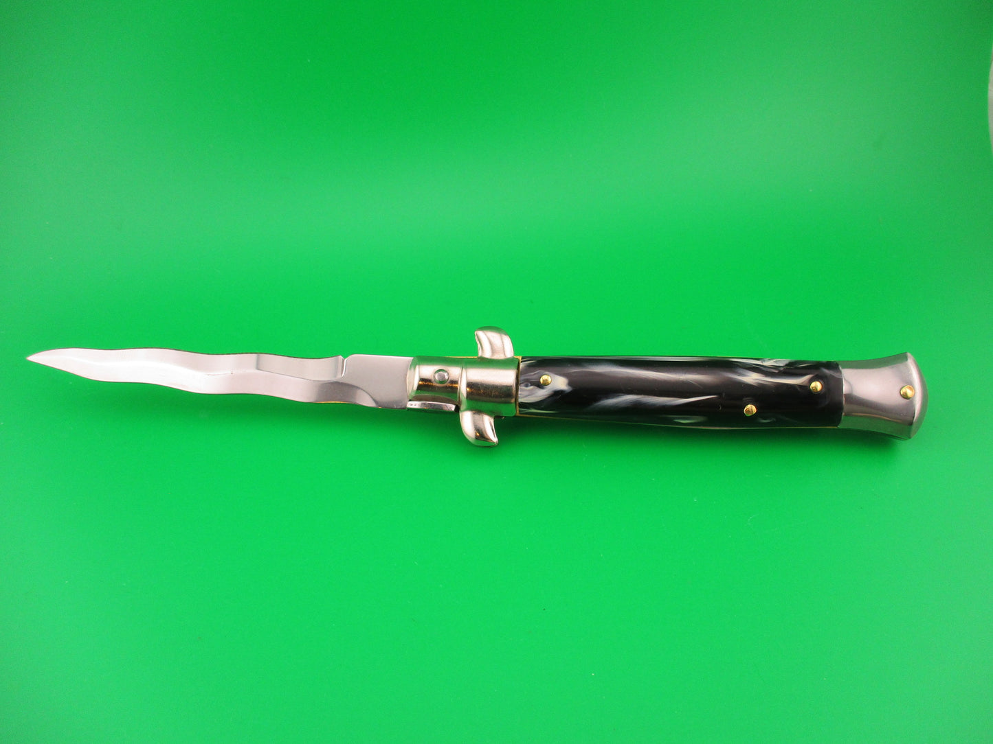ITALY STAINLESS 23cm Italian Kris Swivel bolster Black swirl automatic knife
