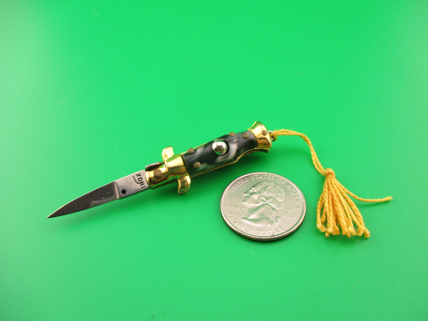 INOX 7cm Italian Mini Picklock Gold 4 pin vintage automatic knife Yellow tassel