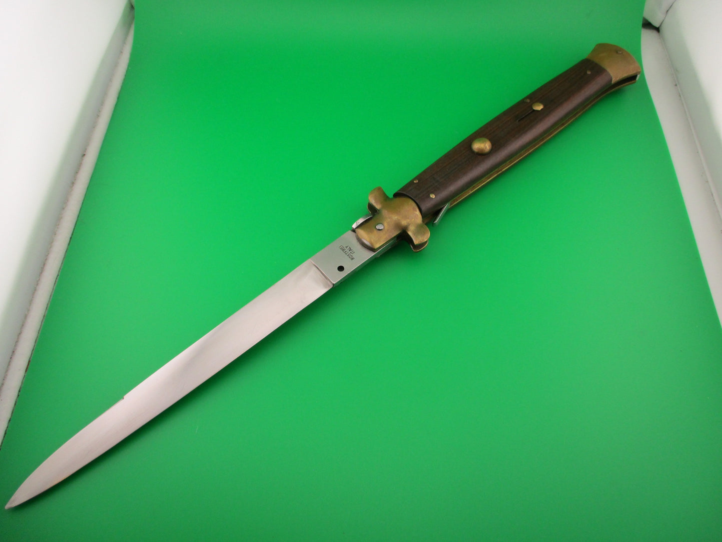 ROSTFREI ITALY 45cm Italian Stiletto Wood/Brass 18 inch Swivel bolster automatic knife