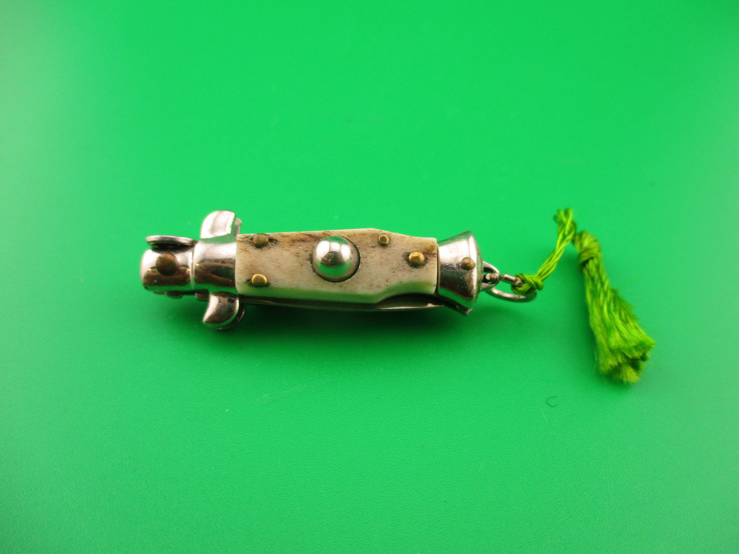 INOX 7cm Italian Mini Picklock Stag 4 pin vintage automatic knife with Green tassel