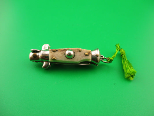 INOX 7cm Italian Mini Picklock Stag 4 pin vintage automatic knife with Green tassel