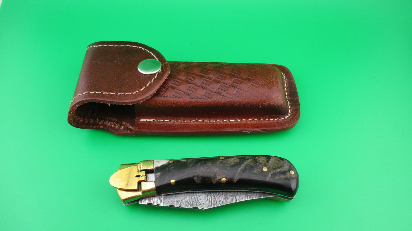 Damascus Rams Horn & Brass Lever knife with Leather case