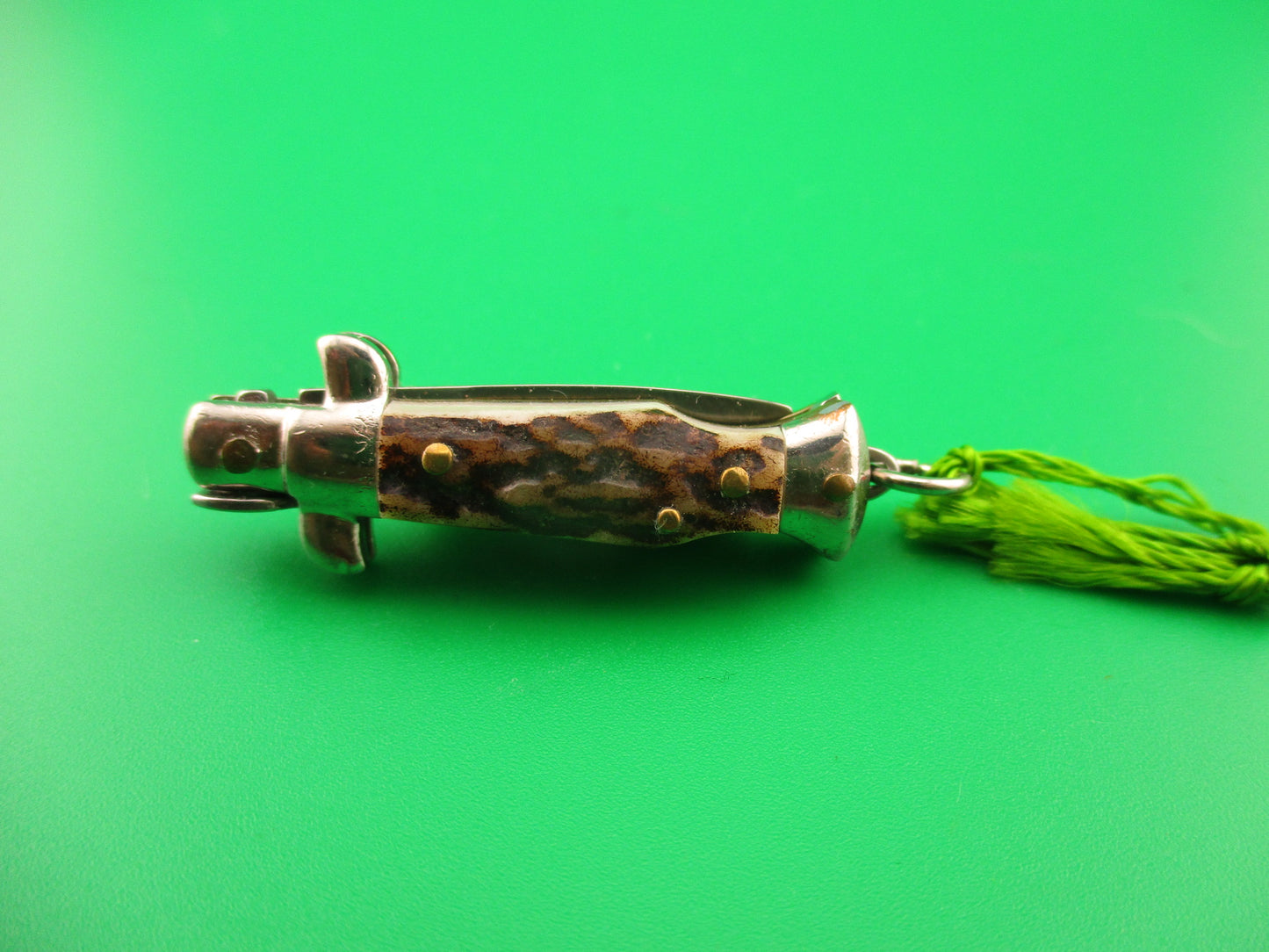 INOX 7cm Italian Mini Picklock Stag 4 pin vintage automatic knife with Green tassel