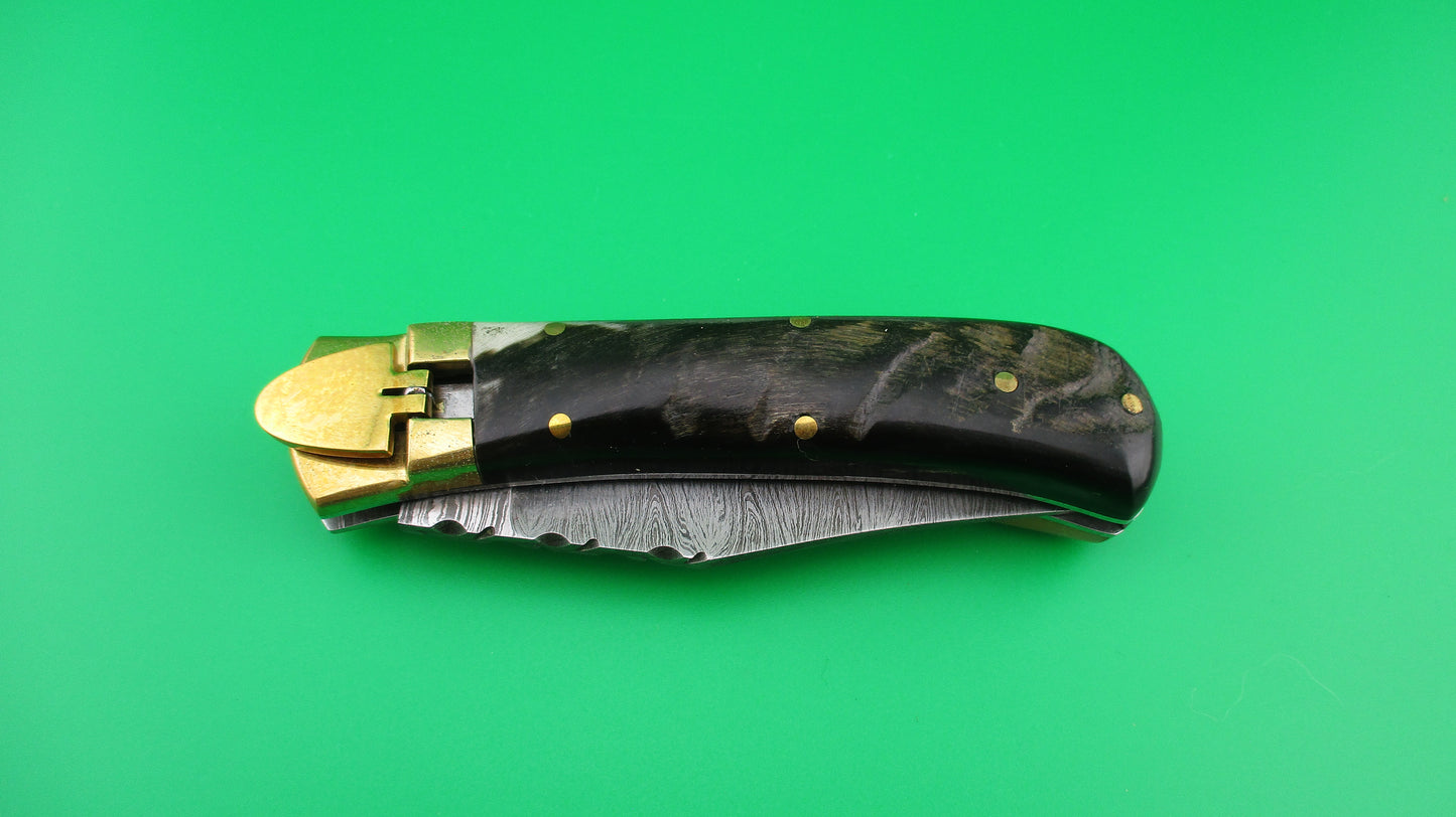 Damascus Rams Horn & Brass Lever knife with Leather case