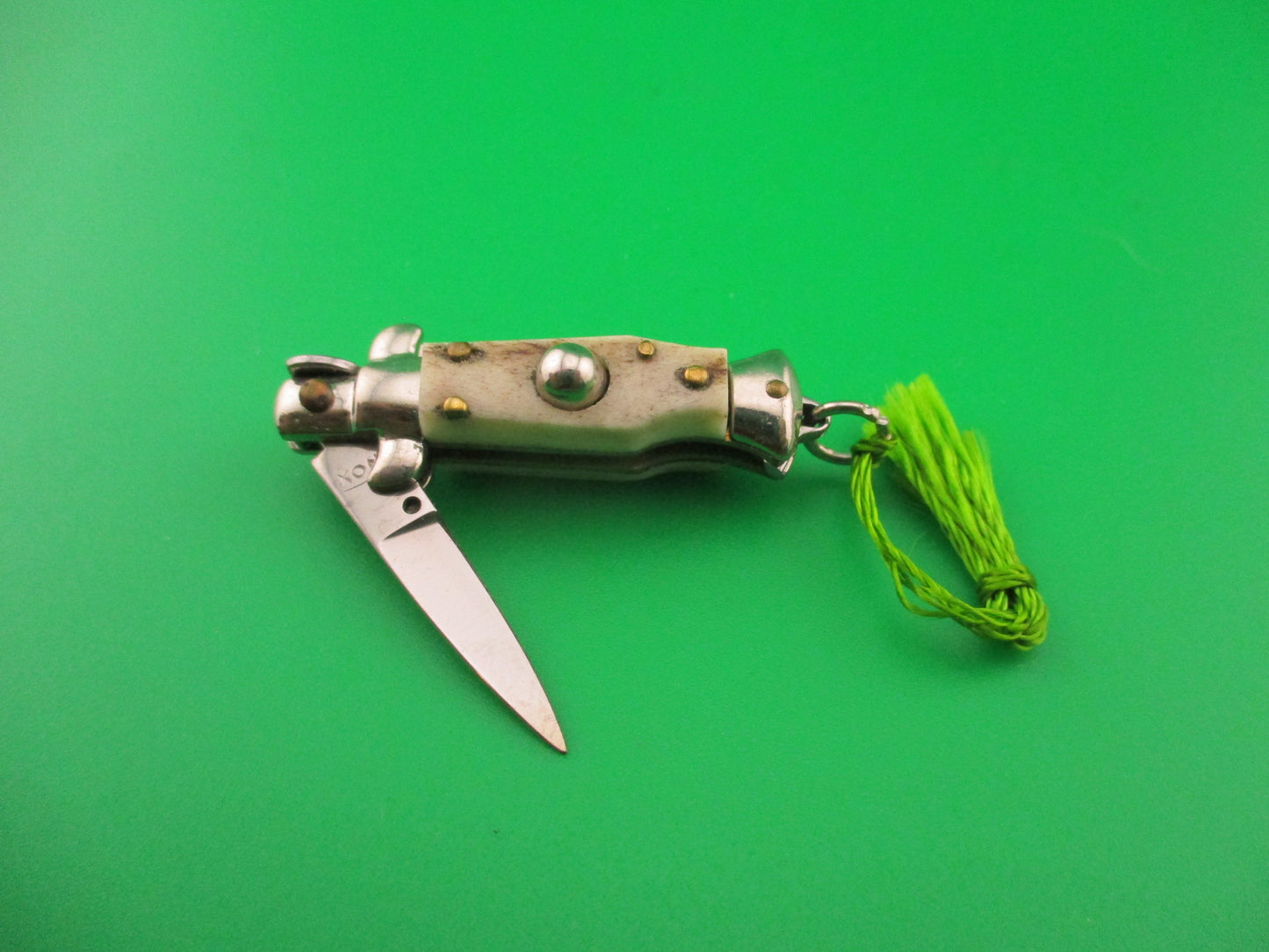 INOX 7cm Italian Mini Picklock Stag 4 pin vintage automatic knife with Green tassel