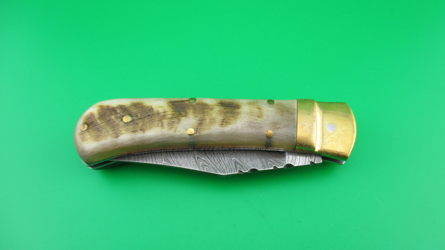 Damascus Rams Horn & Brass Lever knife with Leather case