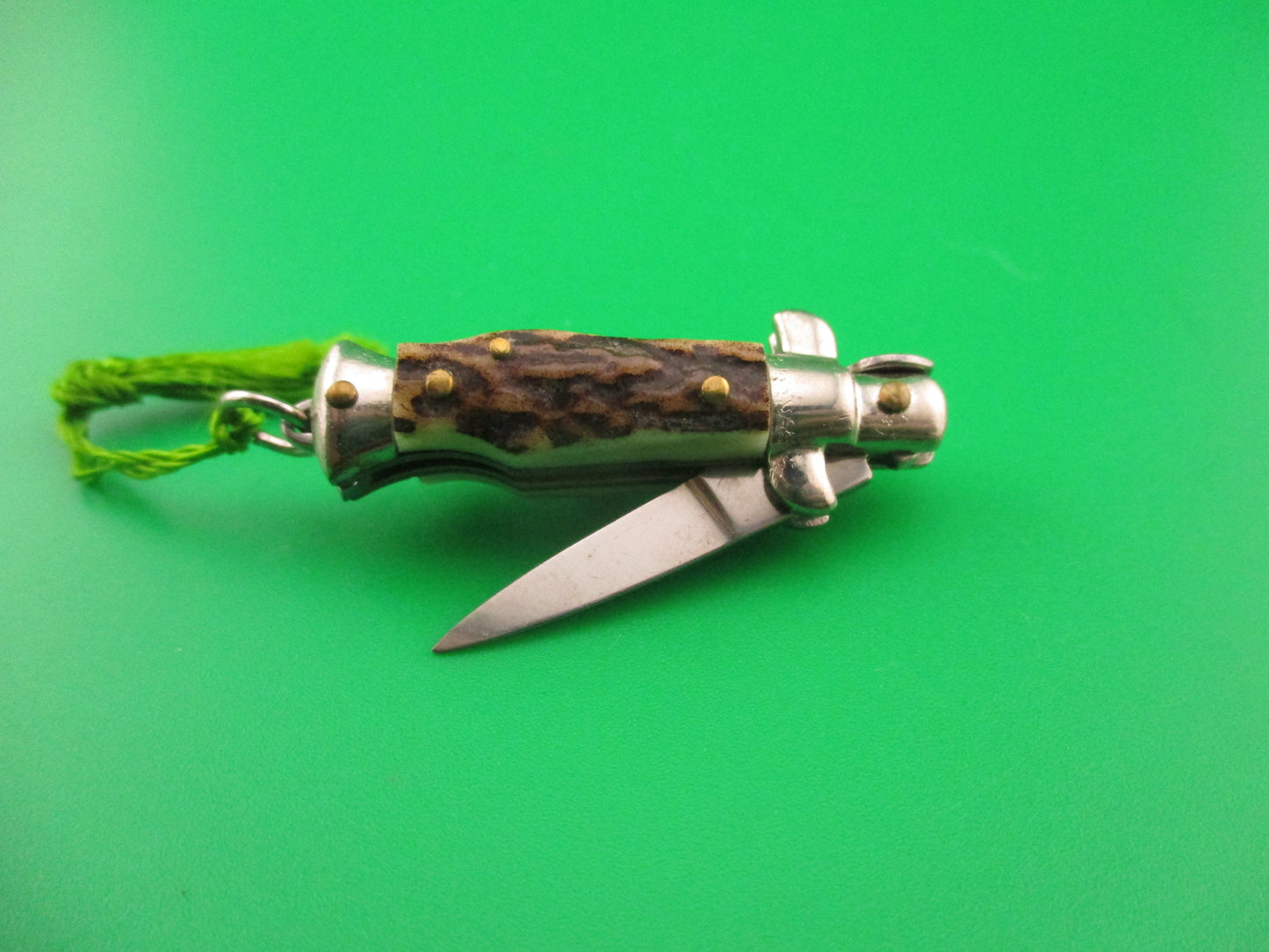 INOX 7cm Italian Mini Picklock Stag 4 pin vintage automatic knife with Green tassel