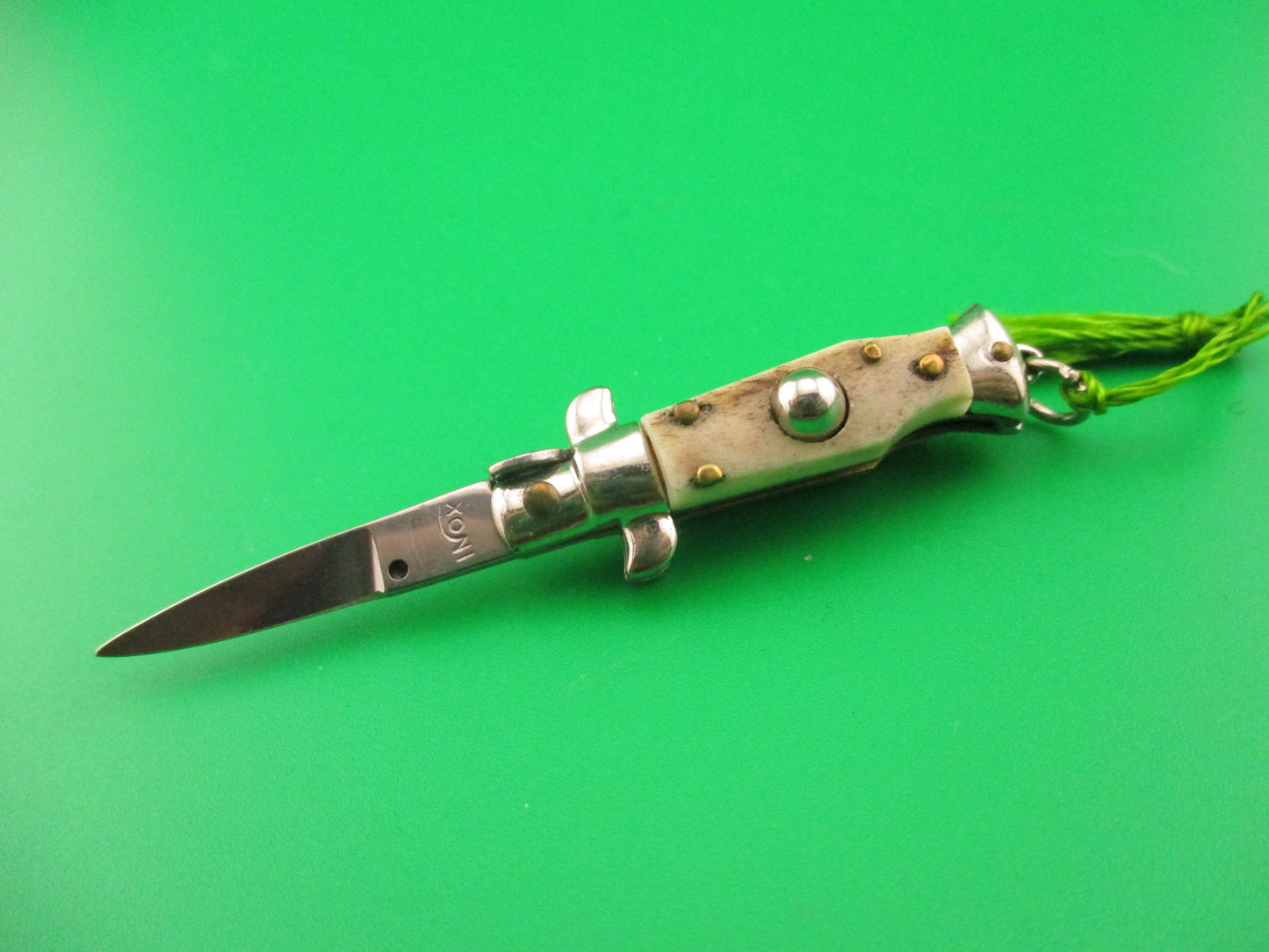INOX 7cm Italian Mini Picklock Stag 4 pin vintage automatic knife with Green tassel