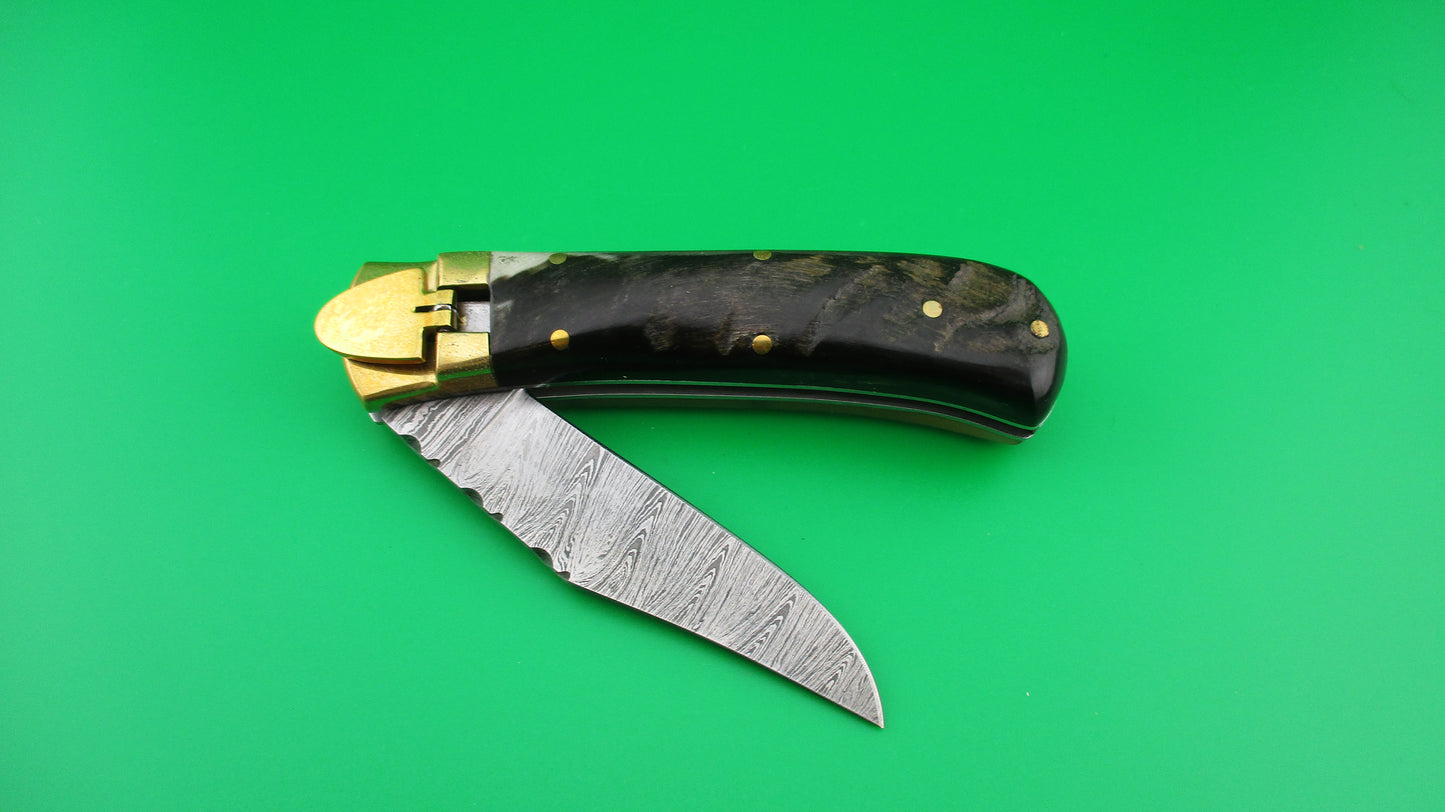 Damascus Rams Horn & Brass Lever knife with Leather case