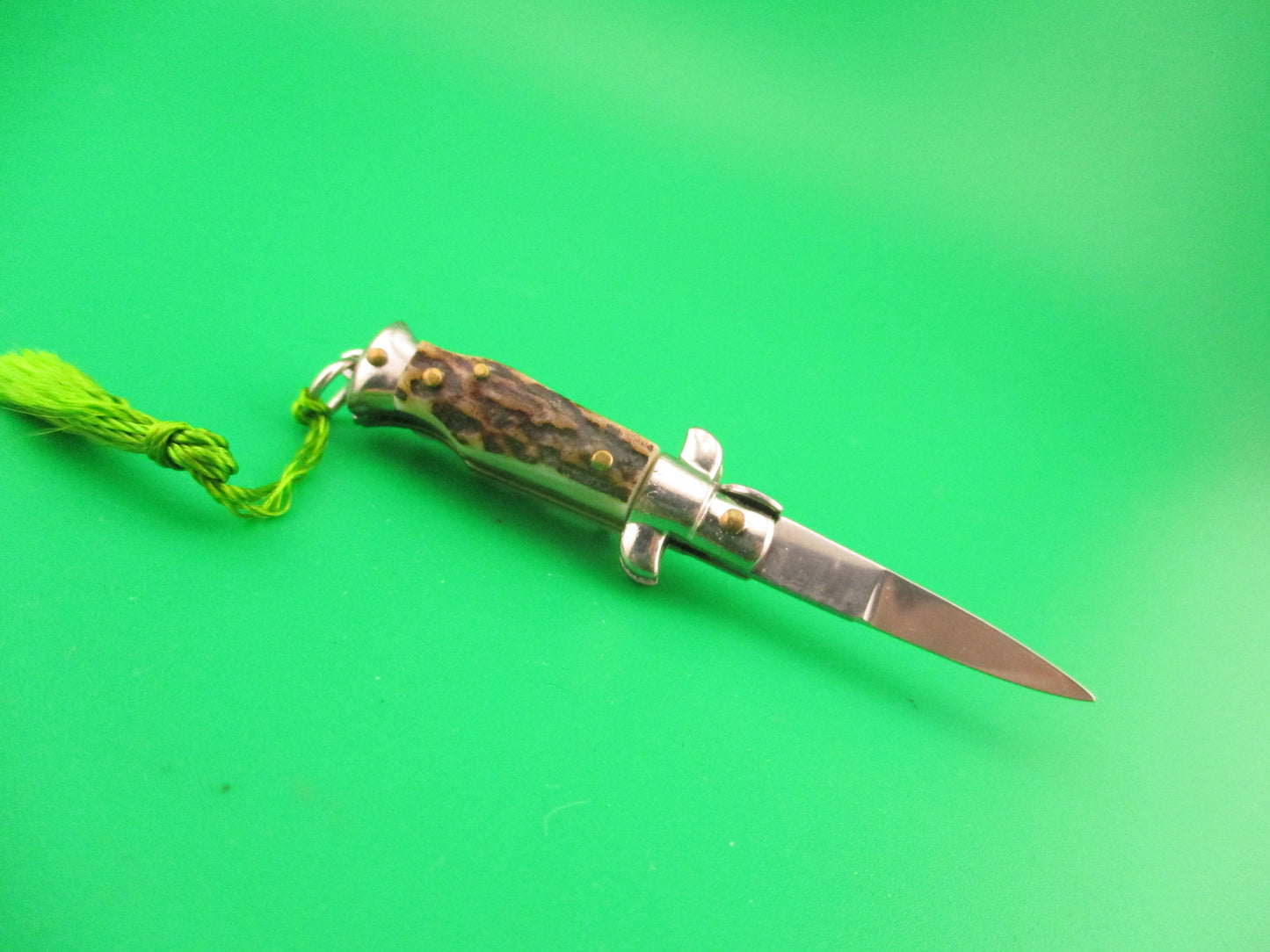 INOX 7cm Italian Mini Picklock Stag 4 pin vintage automatic knife with Green tassel