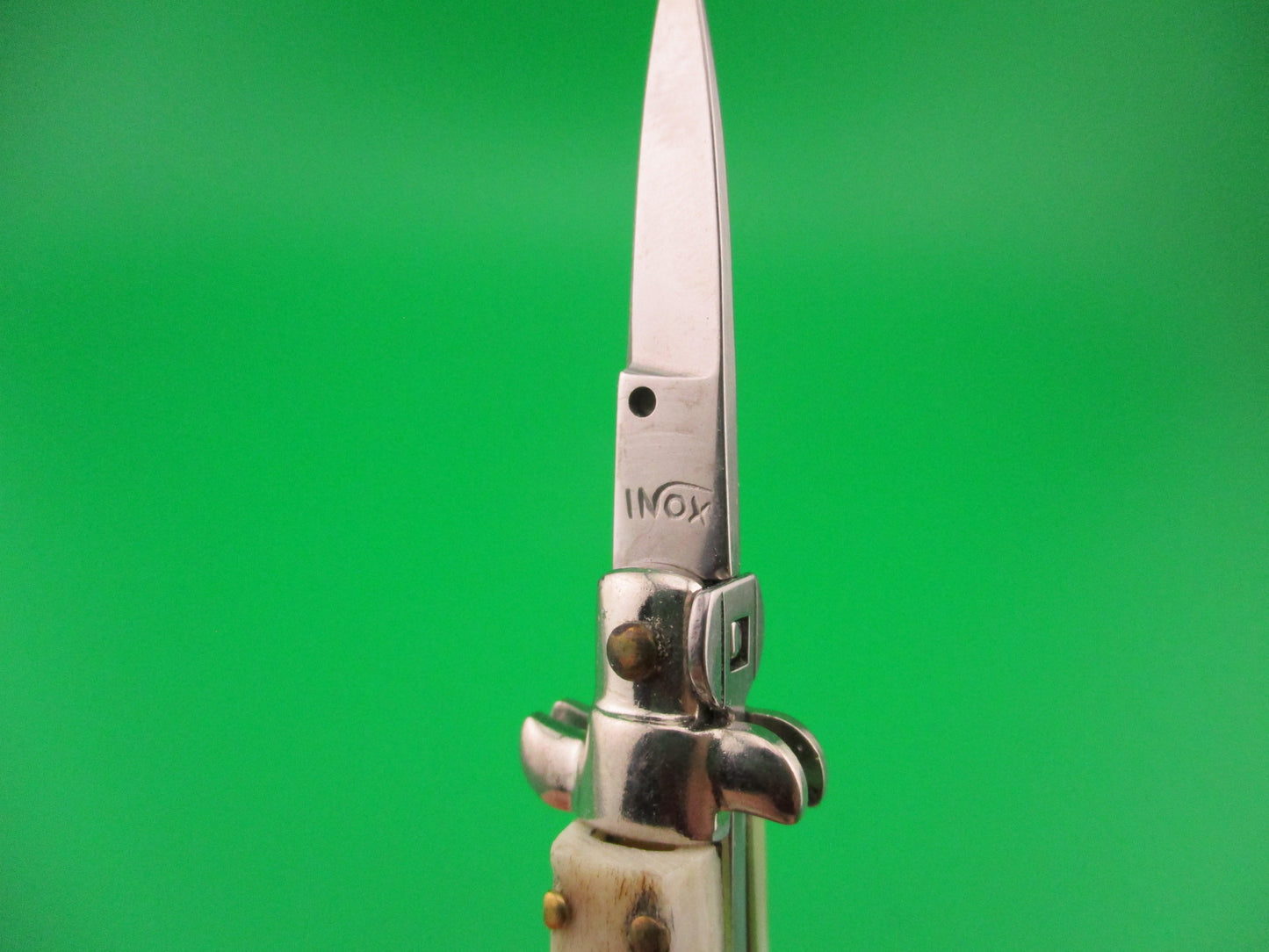 INOX 7cm Italian Mini Picklock Stag 4 pin vintage automatic knife with Green tassel