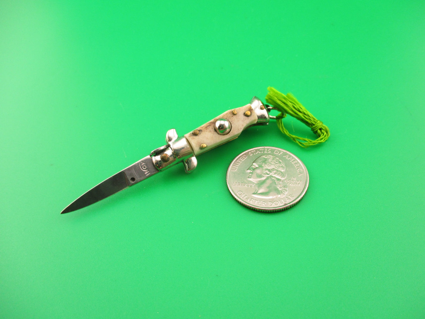 INOX 7cm Italian Mini Picklock Stag 4 pin vintage automatic knife with Green tassel