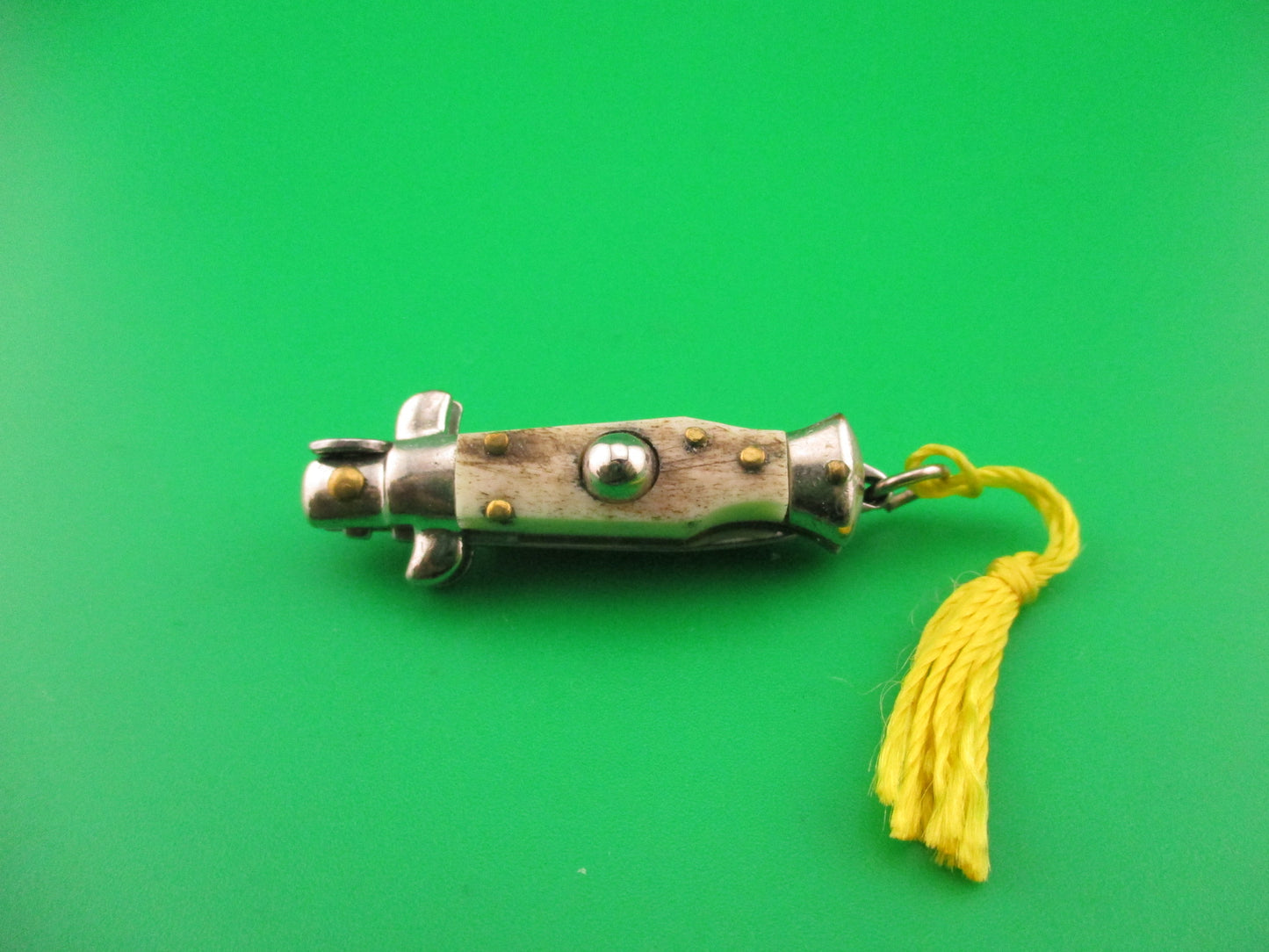 INOX 7cm Italian Mini Picklock Stag 4 pin vintage automatic knife w Yellow tassel