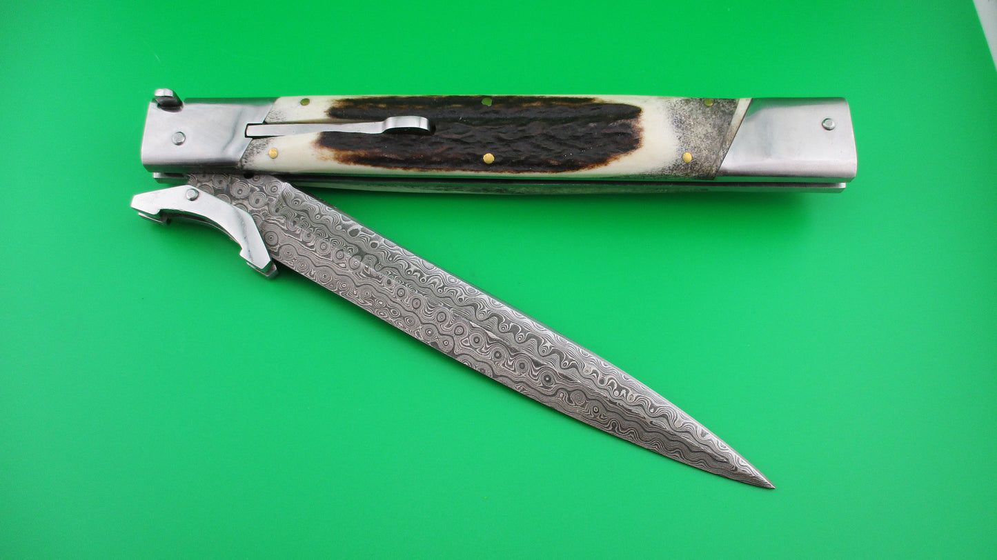 Custom 39cm Stag & Damascus Dagger Swing guard switchblade knife by Samir Ahmad