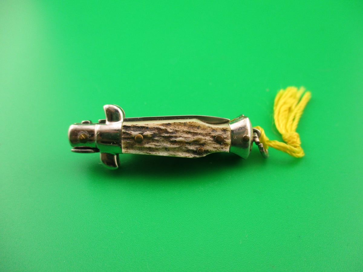 INOX 7cm Italian Mini Picklock Stag 4 pin vintage automatic knife w Yellow tassel