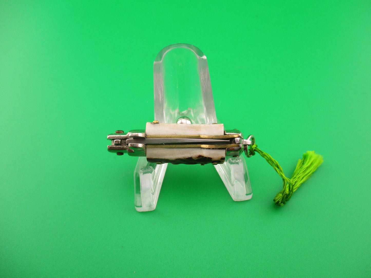 INOX 7cm Italian Mini Picklock Stag 4 pin vintage automatic knife with Green tassel