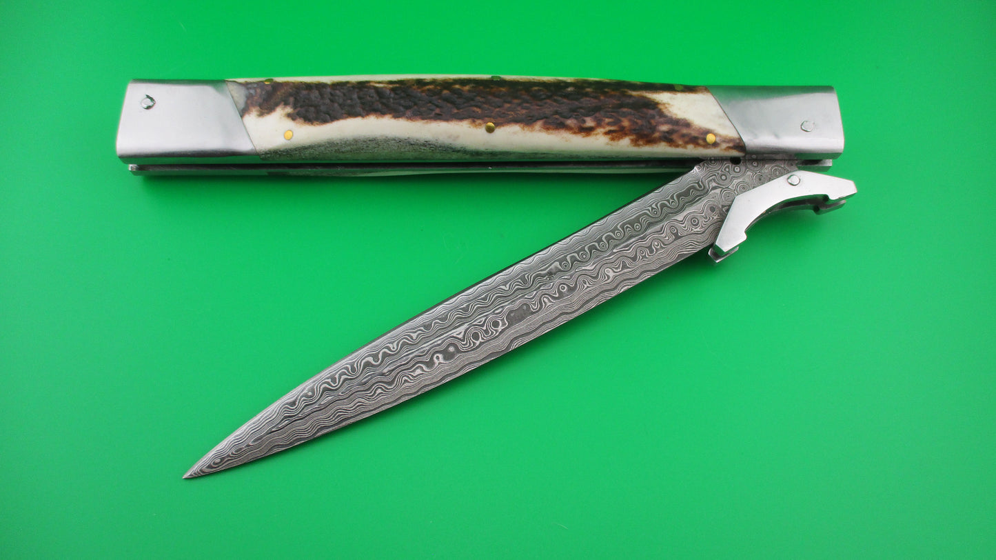 Custom 39cm Stag & Damascus Dagger Swing guard switchblade knife by Samir Ahmad