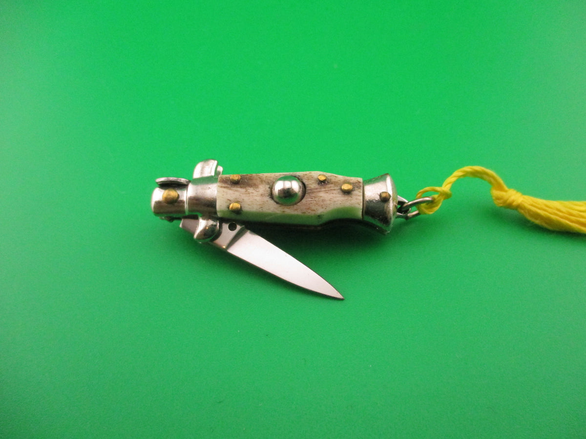 INOX 7cm Italian Mini Picklock Stag 4 pin vintage automatic knife w Yellow tassel