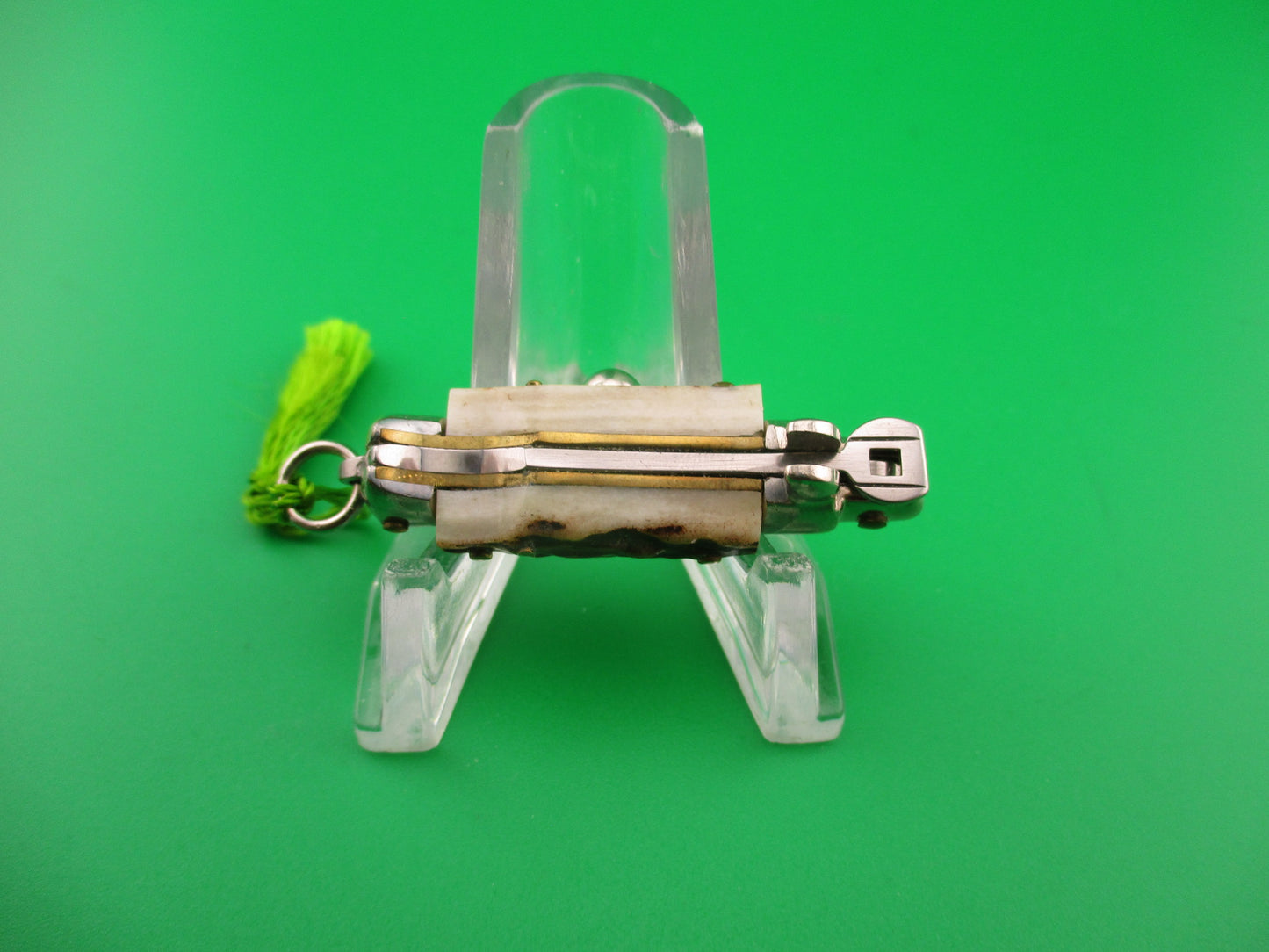 INOX 7cm Italian Mini Picklock Stag 4 pin vintage automatic knife with Green tassel
